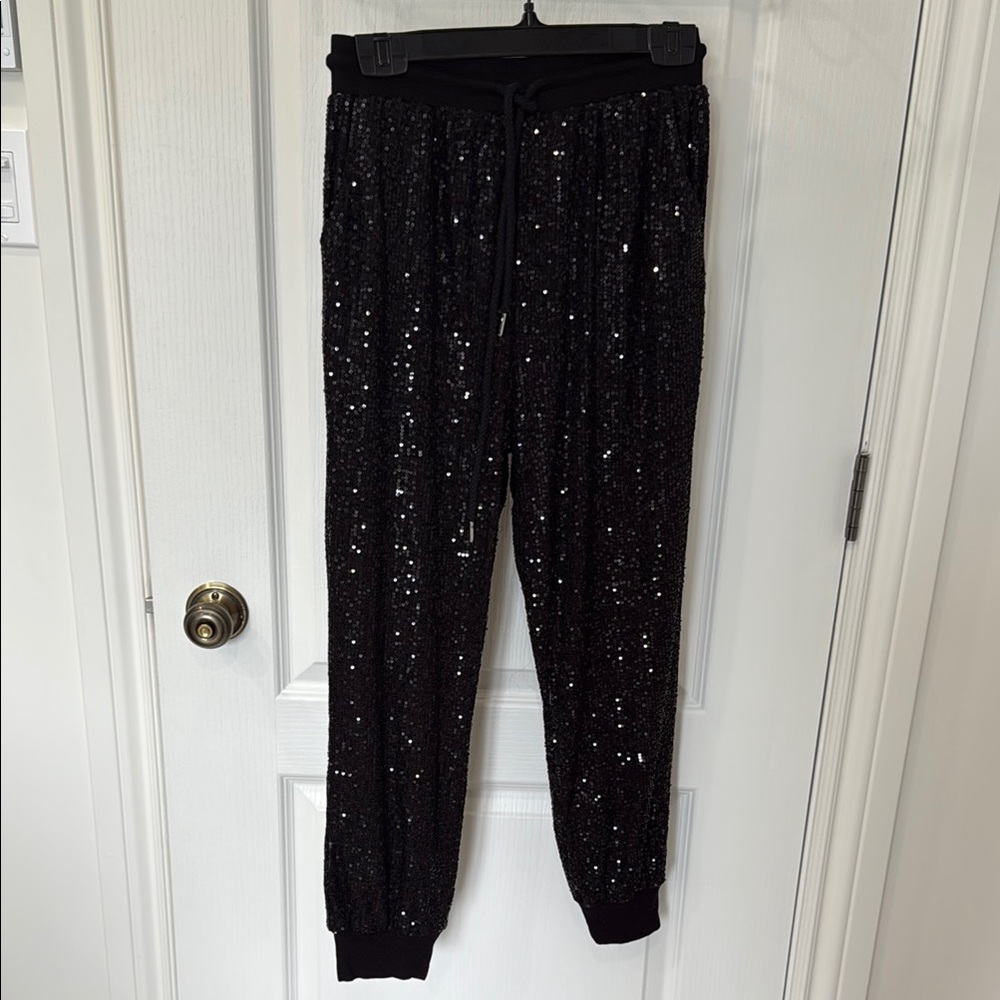 Black Sequin Track Pants with Elastic Cuffs
